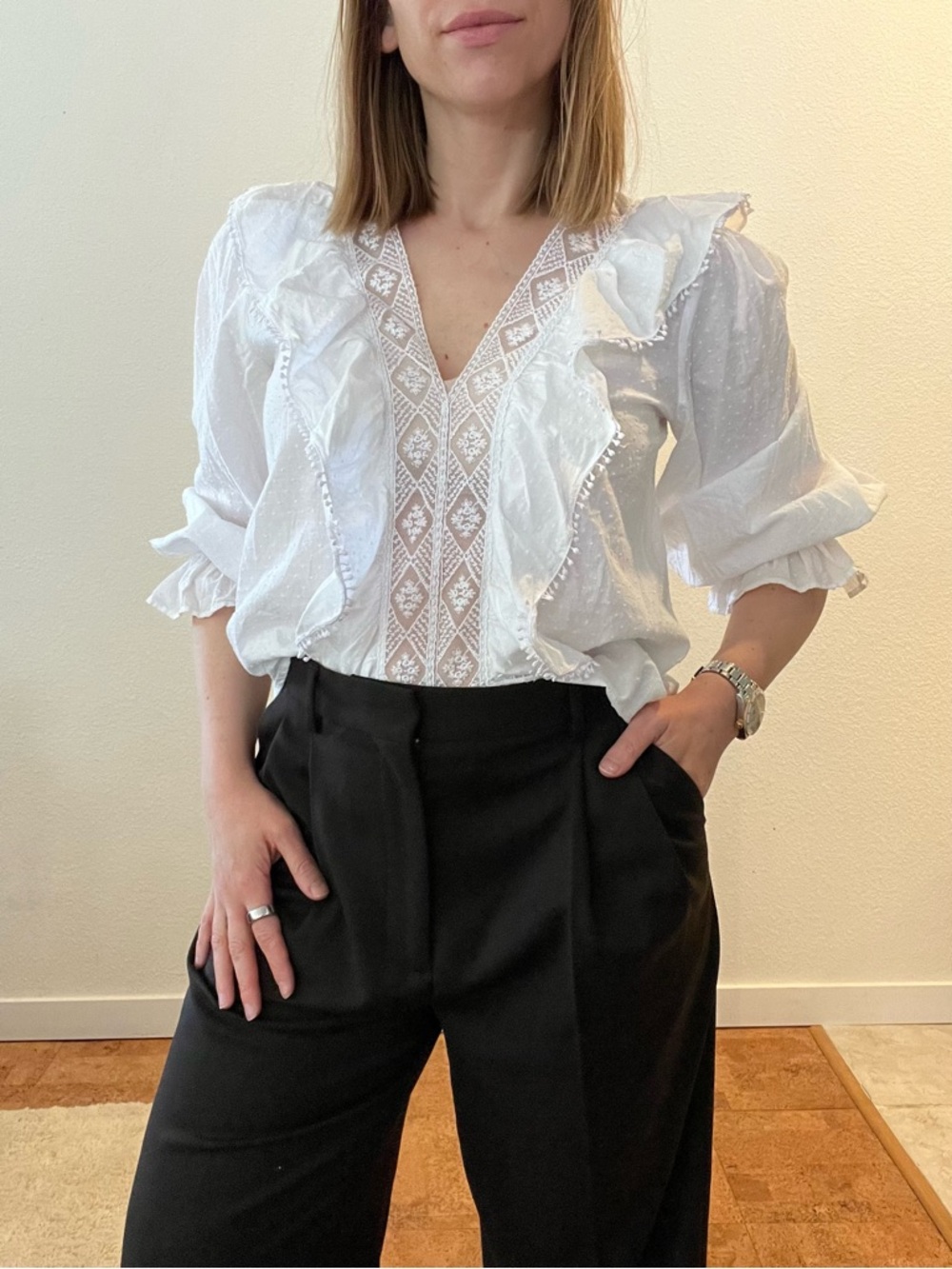 Zara White V-Neck Ruffled Cotton Blouse